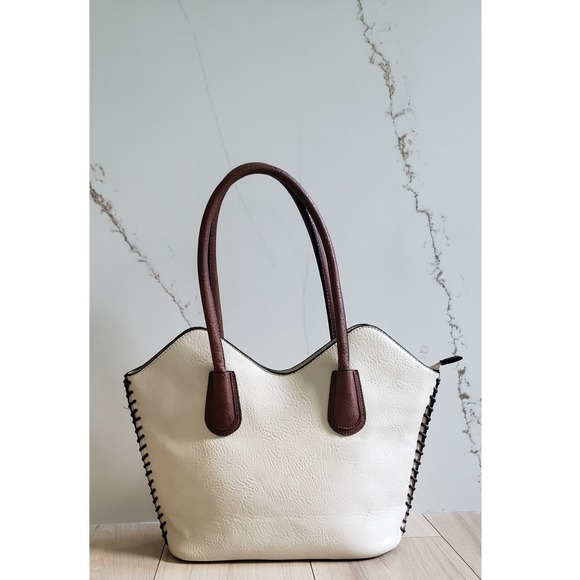 Treska Shoulder Bag Womens Cream Brown Faux Leather Tote Stitch Accent Western - Picture 1 of 9